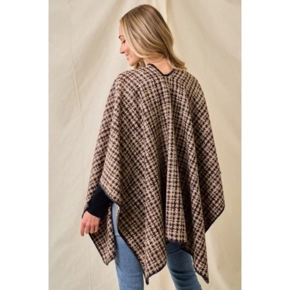 Mocha Brown Houndstooth Knit Shawl Open Poncho Wrap Casual Fall Winter One Size - Picture 4 of 6